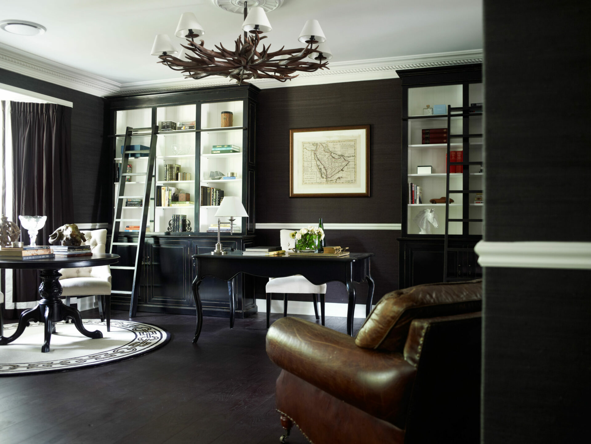 Black and White Dining Room with Dark Gray Grasscloth Wallpaper   Transitional  Dining Room
